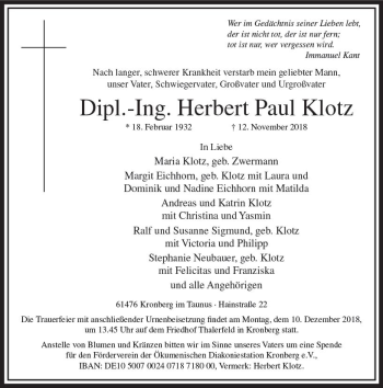 Traueranzeige von Herbert Paul Klotz von  Usinger Anzeiger
