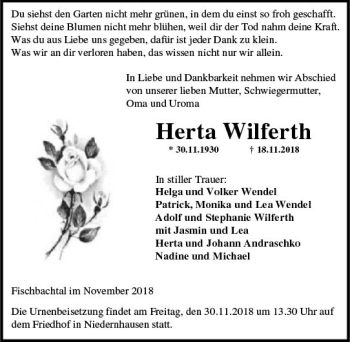 Traueranzeige von Herta Wilferth von vrm-trauer