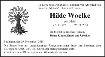 Traueranzeige von Hilde Woelke von  Kreisanzeiger