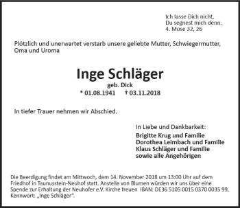 Traueranzeige von Inge Schläger von vrm-trauer