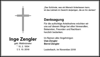 Traueranzeige von Inge Zengler von VRM Trauer