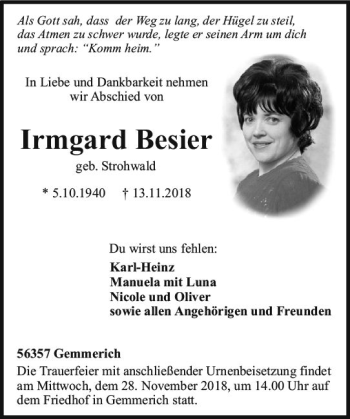 Traueranzeige von Irmgard Besier von vrm-trauer