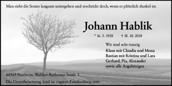 Traueranzeige von Johann Hablik von vrm-trauer
