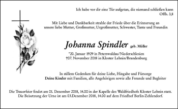 Traueranzeige von Johanna Spindler von vrm-trauer