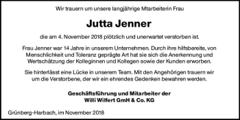 Traueranzeige von Jutta Jenner von  Gießener Anzeiger
