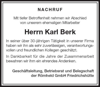 Traueranzeige von Karl Berk von  Gießener Anzeiger
