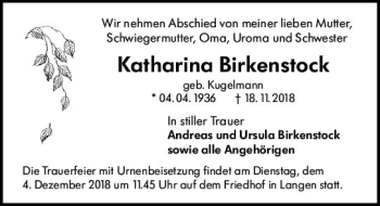 Traueranzeige von Katharina Birkenstock von vrm-trauer