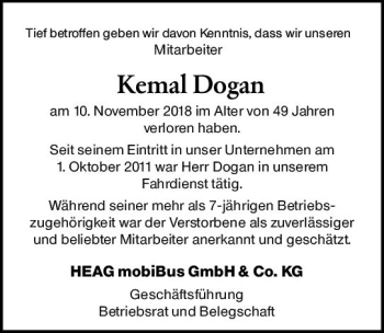 Traueranzeige von Kemal Dogan von vrm-trauer