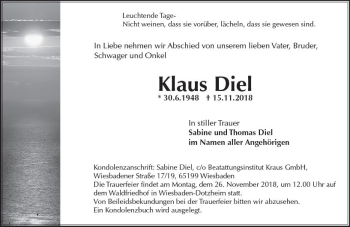 Traueranzeige von Klaus Diel von vrm-trauer