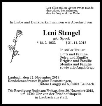 Traueranzeige von Leni Stengel von  Gießener Anzeiger