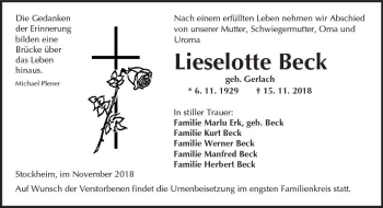 Traueranzeige von Lieselotte Beck von  Kreisanzeiger