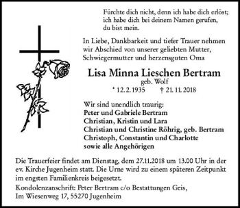 Traueranzeige von Lisa Minna Lieschen Bertram von vrm-trauer