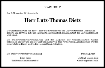 Traueranzeige von Lutz-Thomas Dietz von  Gießener Anzeiger