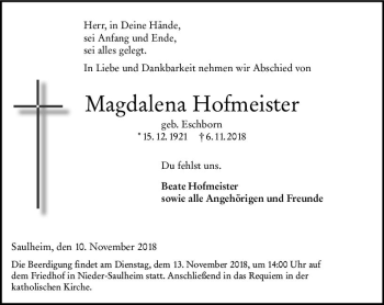 Traueranzeige von Magdalena Hofmeister von vrm-trauer