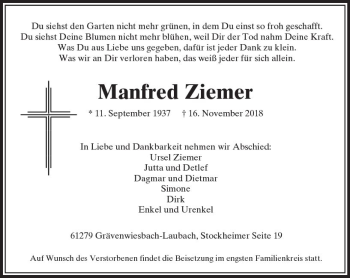 Traueranzeige von Manfred Ziemer von  Usinger Anzeiger