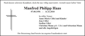 Traueranzeige von Manfred Philipp Haas von vrm-trauer