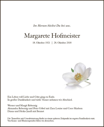 Traueranzeige von Margarete Hofmeister von  Kreisanzeiger