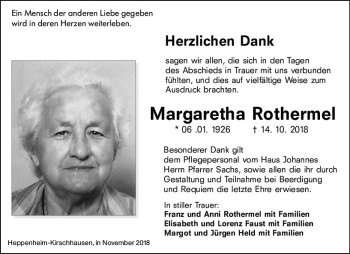 Traueranzeige von Margaretha Rothermel von vrm-trauer