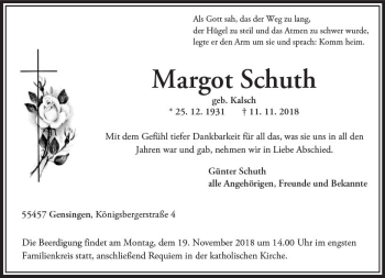Traueranzeige von Margot Schuth von vrm-trauer