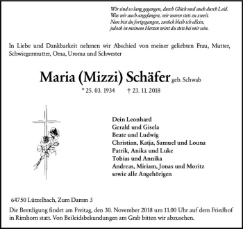 Traueranzeige von Maria Schäfer von vrm-trauer