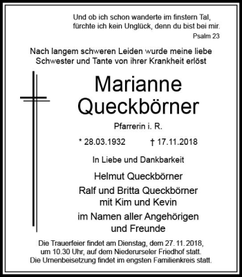 Traueranzeige von Marianne Queckbörner von vrm-trauer