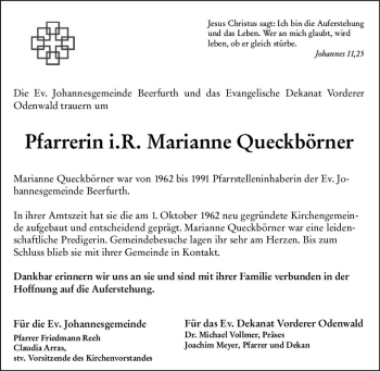 Traueranzeige von Marianne Queckbörner von vrm-trauer
