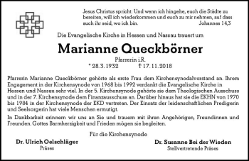 Traueranzeige von Marianne Queckbörner von vrm-trauer