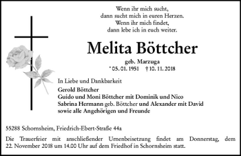 Traueranzeige von Melita Böttcher von vrm-trauer
