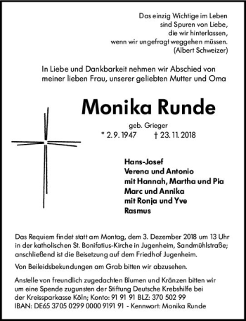 Traueranzeige von Monika Runde von vrm-trauer