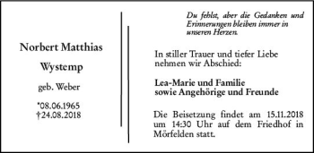 Traueranzeige von Norbert Matthias Wystemp von vrm-trauer
