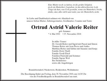 Traueranzeige von Ortrud Astrid Valerie Reiter von  Usinger Anzeiger