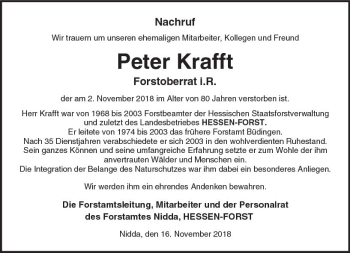 Traueranzeige von Peter Krafft von  Kreisanzeiger