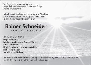Traueranzeige von Rainer Schneider von  Kreisanzeiger