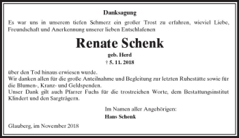 Traueranzeige von Renate Schenk von  Kreisanzeiger