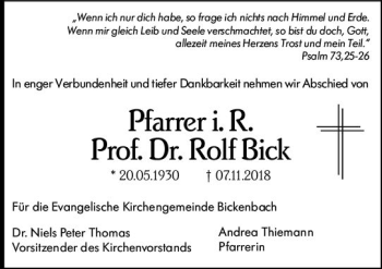 Traueranzeige von Rolf Bick von vrm-trauer