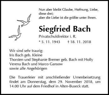 Traueranzeige von Siegfried Bach von  Gießener Anzeiger