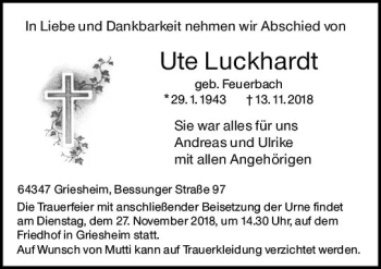 Traueranzeige von Ute Luckhardt von vrm-trauer