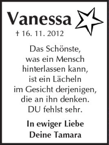 Traueranzeige von Vanessa Schauermann von  Kreisanzeiger
