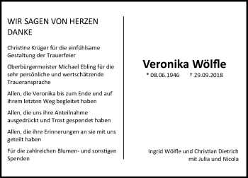 Traueranzeige von Veronika Wölfle von vrm-trauer