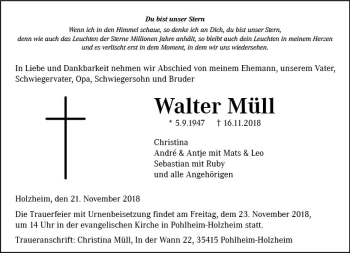 Traueranzeige von Walter Müll von  Gießener Anzeiger