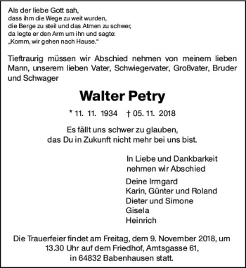 Traueranzeige von Walter Petry von  Gießener Anzeiger