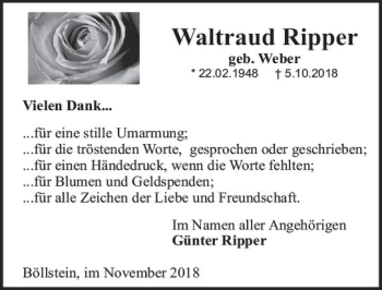 Traueranzeige von Waltraud Ripper von vrm-trauer
