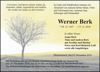 Traueranzeige von Werner Berk von  Kreisanzeiger
