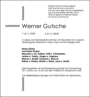 Traueranzeige von Werner Gutsche von vrm-trauer
