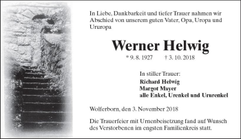 Traueranzeige von Werner Helwig von  Kreisanzeiger