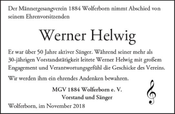 Traueranzeige von Werner Helwig von  Kreisanzeiger