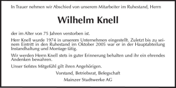Traueranzeige von Wilhelm Knell von vrm-trauer