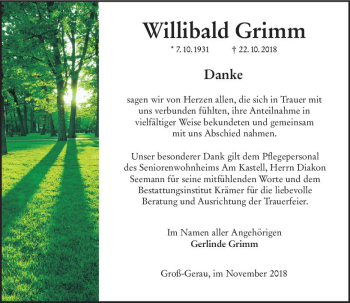 Traueranzeige von Willibald Grimm von vrm-trauer