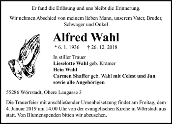Traueranzeige von Alfred Wahl von vrm-trauer