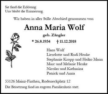 Traueranzeige von Anna Maria Wolf von vrm-trauer